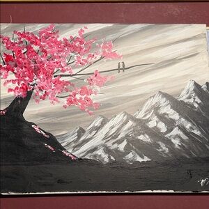 Cherry Blossom Mountain Landscape Handpainted Art